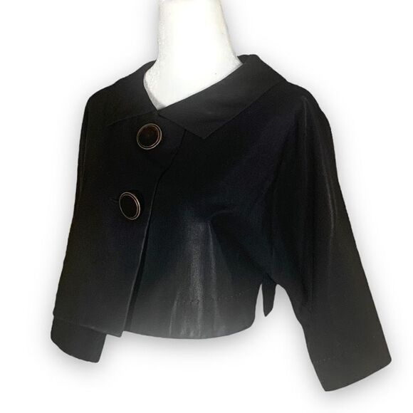 Rozae Nichols Bolero Jacket Cropped Retro Style Shiny Black Exaggerated Collar - Picture 3 of 12
